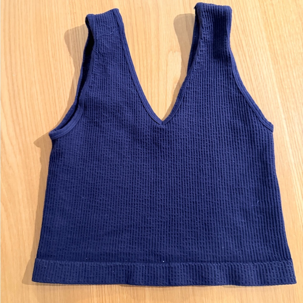 India Boutique Navy Blue Ribbed V-Neck Crop Top